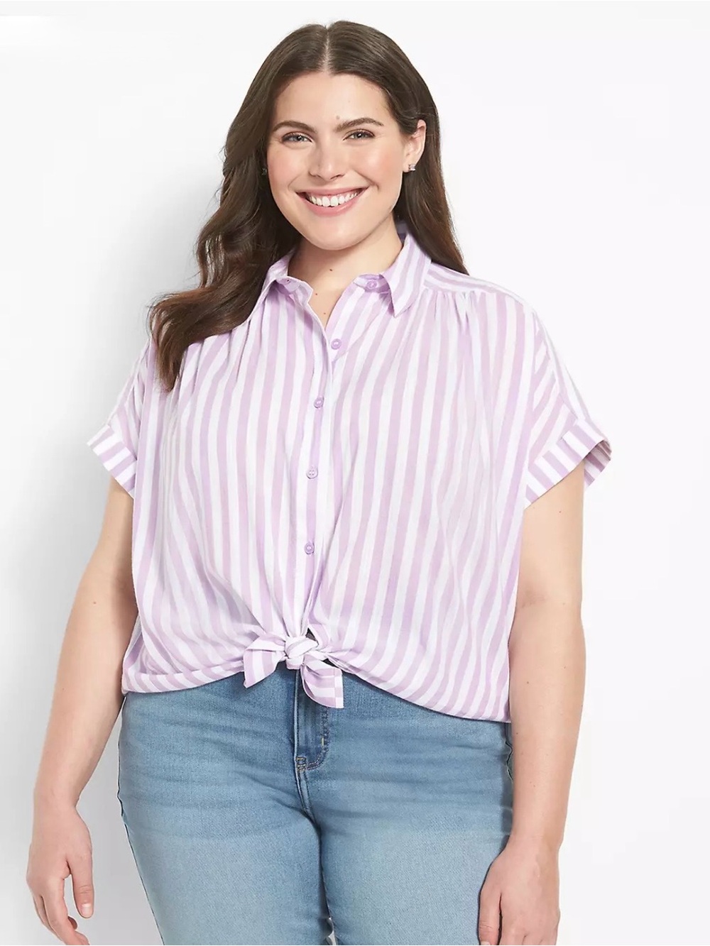 Lane Bryant | Button-Down Tie-Hem Blouse | SIZE 22W | COLOR Lilac & White Stripe